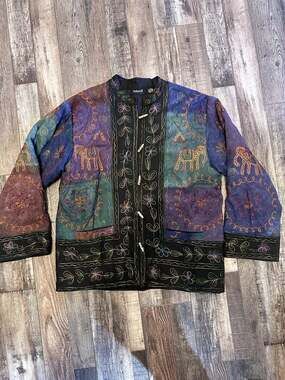 Natural Embroidered Elephant Boho Patchwork Jacket Oversized Size S